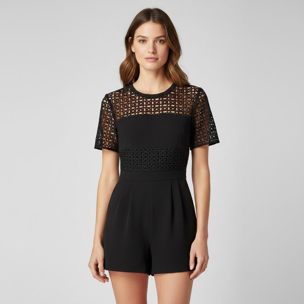 ALYTHEA Romper Women's Size S Black Short Sleeve Pockets Pleated Lace Shorts Zip